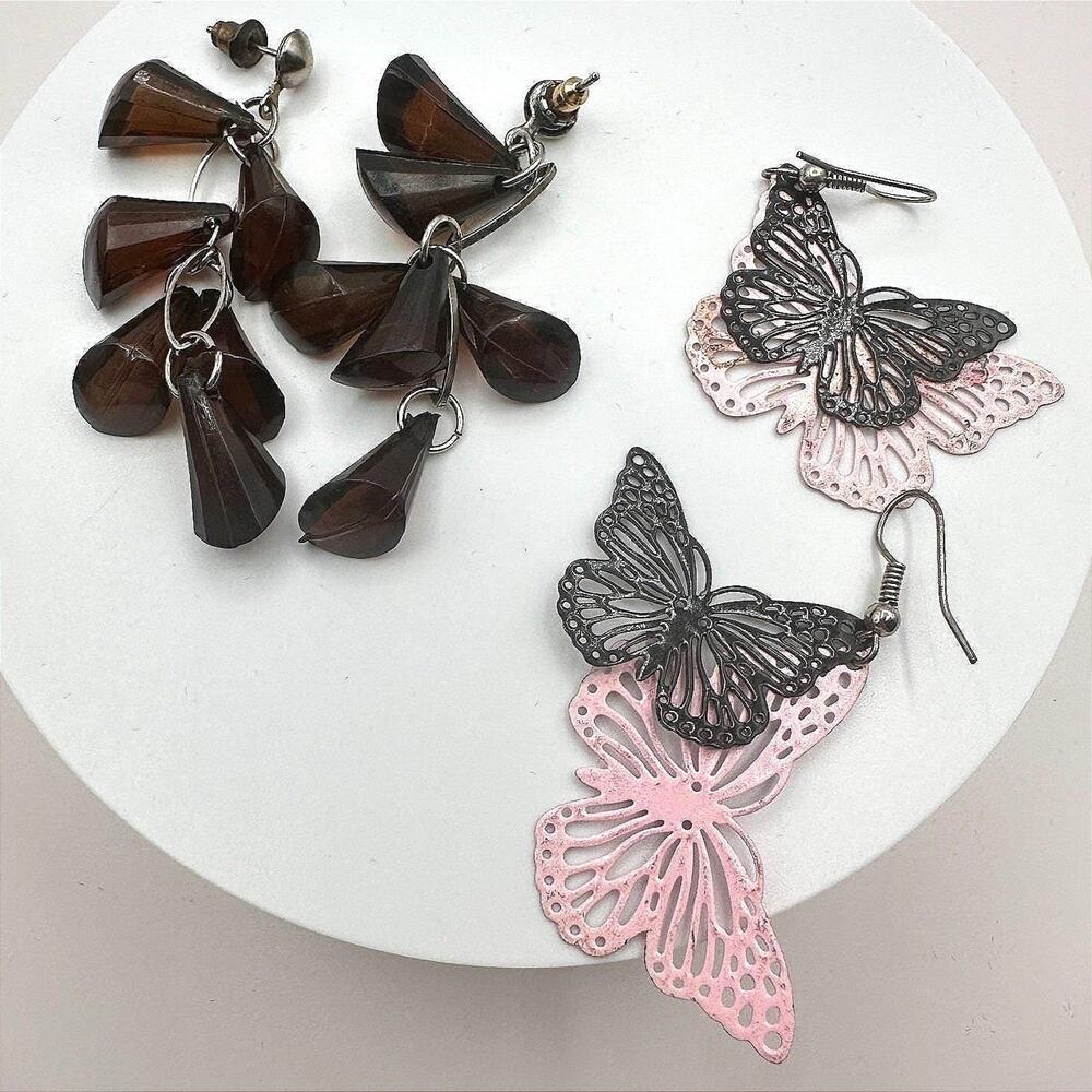 VTG Y2K Smoky Brown Beaded Double Butterfly Dangle Earrings Set 2 Pair Jewelry